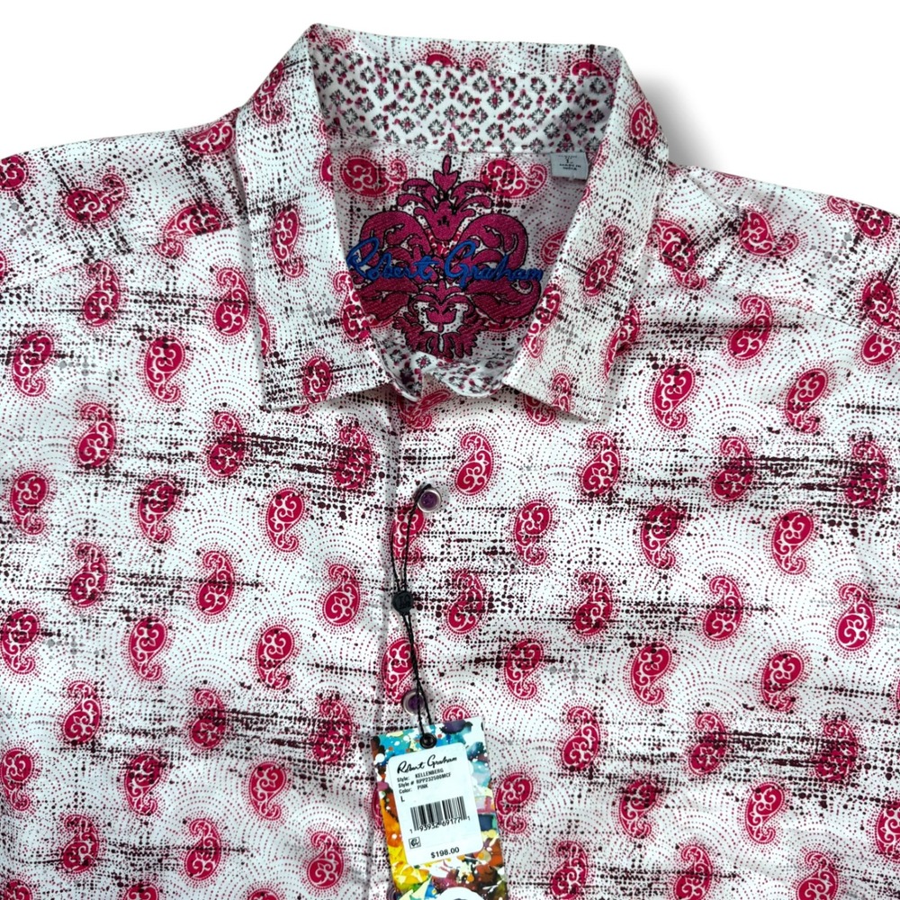 Robert Graham Kellenberg Shirt Mens L Pink Paisley Short Sleeve Button Down New